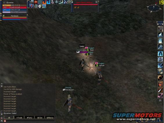 gameplay from an online role-playing game showing characters in a dark environment with text overlays