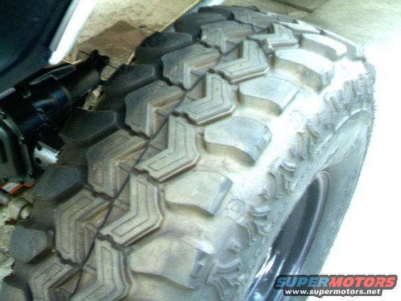 Close-up of aggressive off-road tire tread and suspension parts