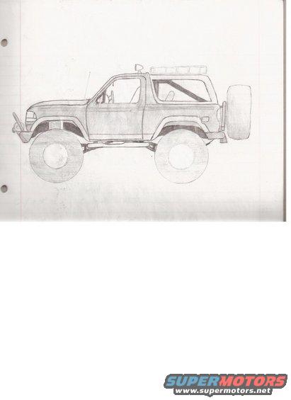 Sketch of a lifted SUV with large tires, a roof rack, and a spare tire on the back