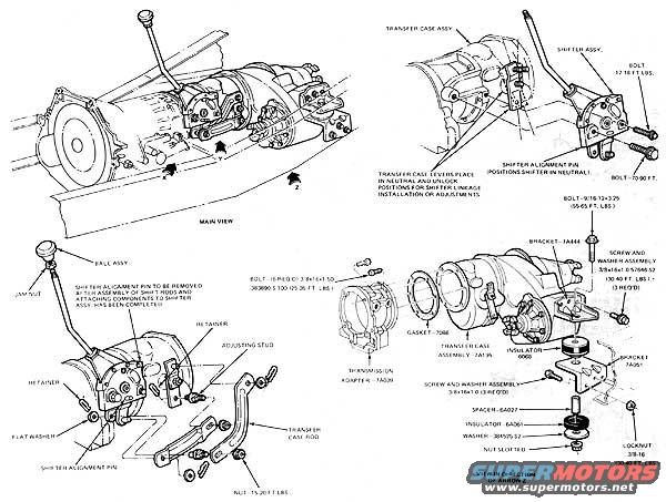 Diagrams of transfer case and transmission components with labels and part numbers