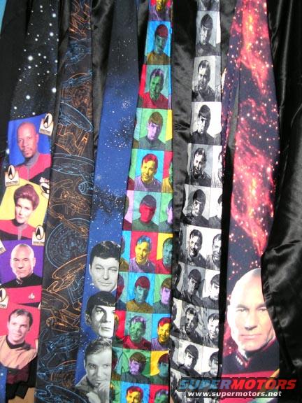 Several Star Trek themed ties with characters like Picard, Spock, and Kirk