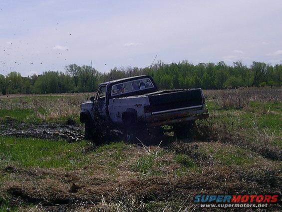 Pickup truck stuck in mud, rear view