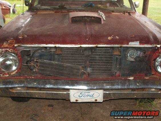 1966 Ford Ranchero front end with grille removed, showing radiator and condenser