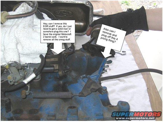 Close-up of engine parts, including a carburetor and intake manifold, with text bubbles asking about EGR removal and a plug