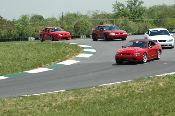 Four Ford Mustangs on a race track, three red and one white. The closest car is a red convertible