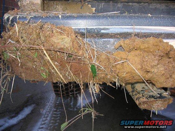 Mud and vegetation caked onto a dark-colored vehicle's undercarriage and exhaust pipe, with a tire visible below