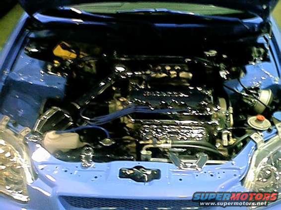 Blue car engine bay with black engine components and blue spark plug wires
