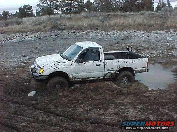 White pickup truck stuck in mud, with trees and dry grass in the background