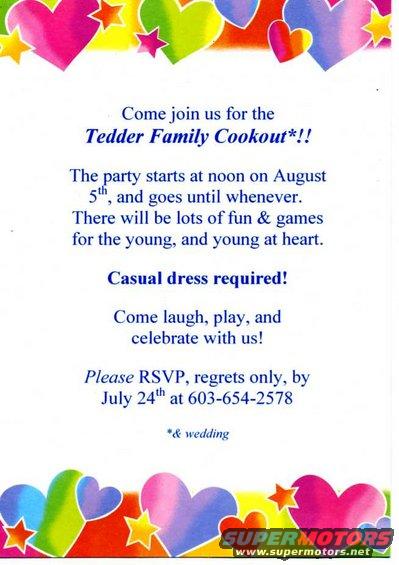 Invitation to Tedder Family Cookout on August 5th. Casual dress. RSVP by July 24th