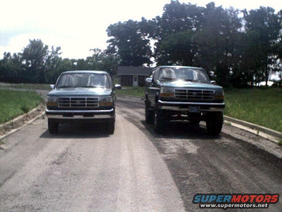 Two teal Ford Broncos parked on a road, one is lifted