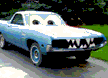 Light blue 1970 Plymouth Barracuda pickup with shark teeth grille and eyes