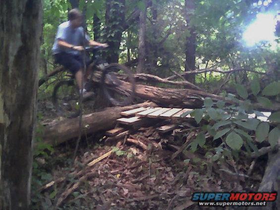 Person on bicycle riding over a wooden ramp constructed from logs and planks in a wooded area