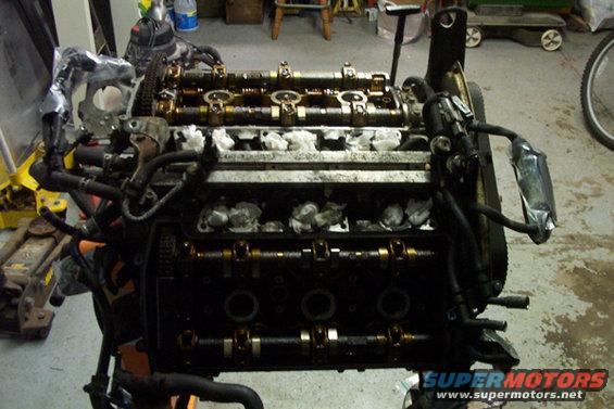 Engine on stand, showing camshafts and valve train