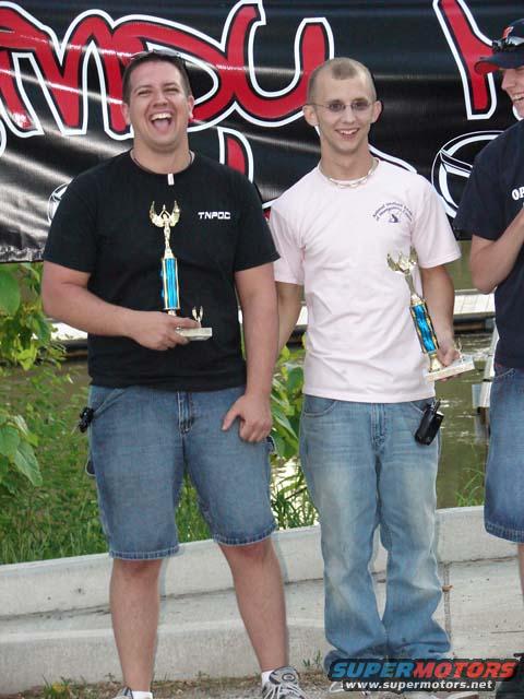 Two men holding trophies in front of a banner