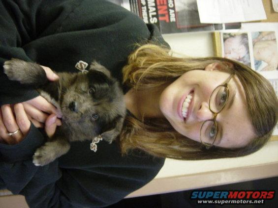 Woman with glasses holding a fluffy puppy. Some posters are on the wall behind them
