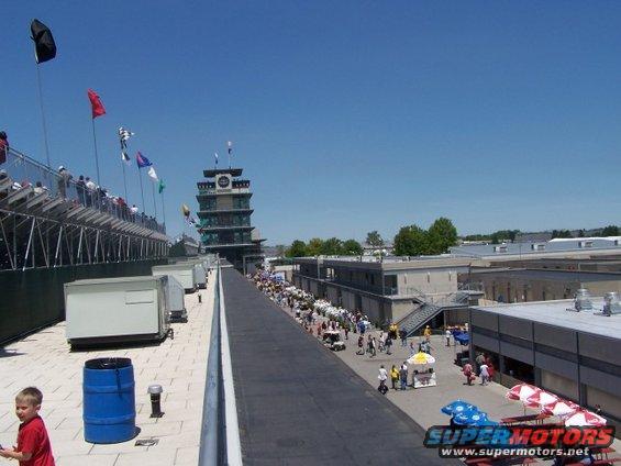 Indianapolis Motor Speedway with flags and tower