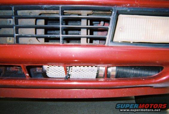 close-up of red car's front grille and lower intake with mesh screen