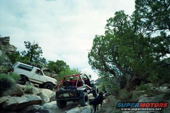 White SUV and red off-road buggy climbing rocks with a dog nearby