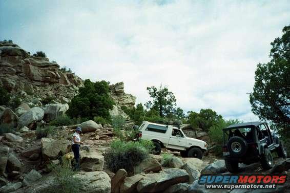 White SUV and black Jeep on rocky terrain with a person and dog