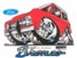 1972 Ford Bronco - This stylized illustration depicts a red Bronco with exaggerated features and custom wheels, the vehicle's name in script below.