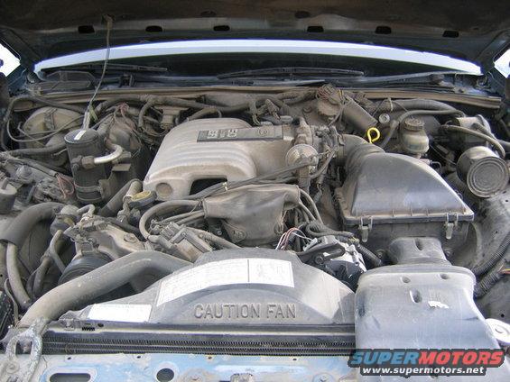 Engine bay with "CAUTION FAN" label visible