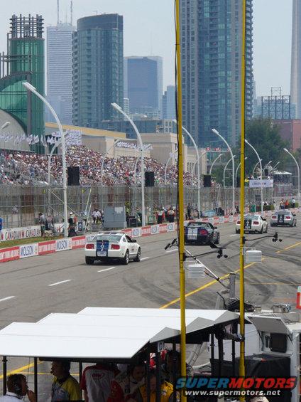 White Ford Mustang race car with blue stripes and the number 7 on its rear, driving on a track with spectators and city buildings in the background