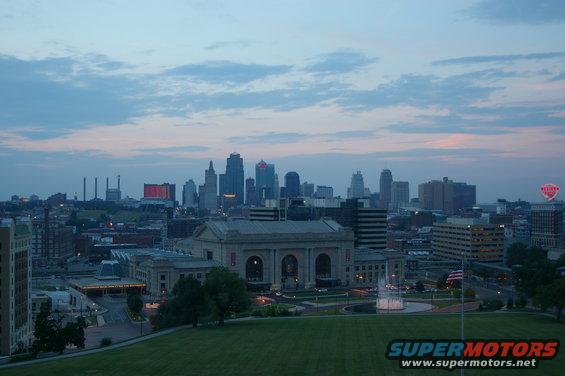 Kansas City skyline at dusk with Union Station in foreground