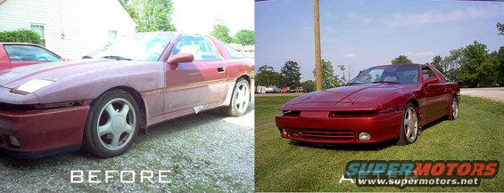 Red Toyota Supra before and after restoration. Left side shows primer and missing parts, right side is painted and complete