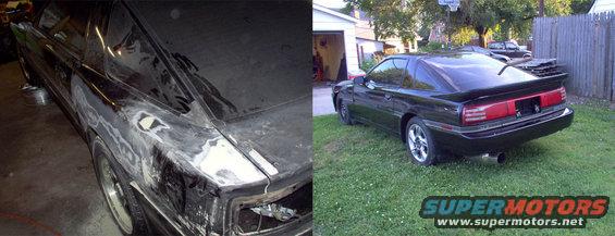 Split image: left shows a black coupe with body filler, right shows a finished black coupe parked on grass