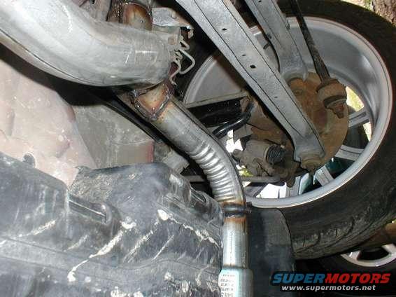 Underside view of a car's exhaust system, suspension, and rear wheel