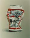 Crushed Budweiser can with red and white labeling