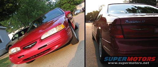 Red Ford Thunderbird parked on a street, front quarter view. Rear quarter view of the same car