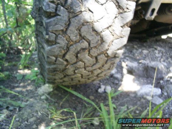 Close-up of an off-road tire on dirt and grass