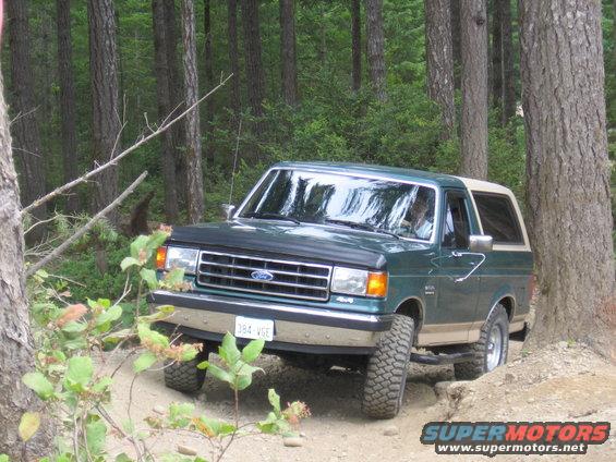 Green Ford Bronco with tan top on dirt trail, trees around