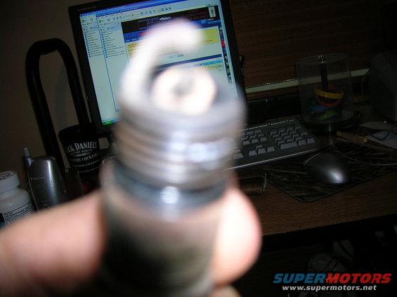 Hand holding a spark plug in front of a computer monitor
