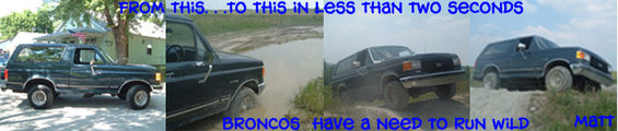 Four images of a dark green 1988 Ford Bronco. First image shows it parked. Second shows it driving through mud. Third shows it on a dirt path. Fourth shows it on a grassy incline