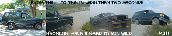 Four images of a dark green 1988 Ford Bronco. First image shows it parked. Second shows it in mud. Third shows it driving through mud. Fourth shows it on a dirt hill