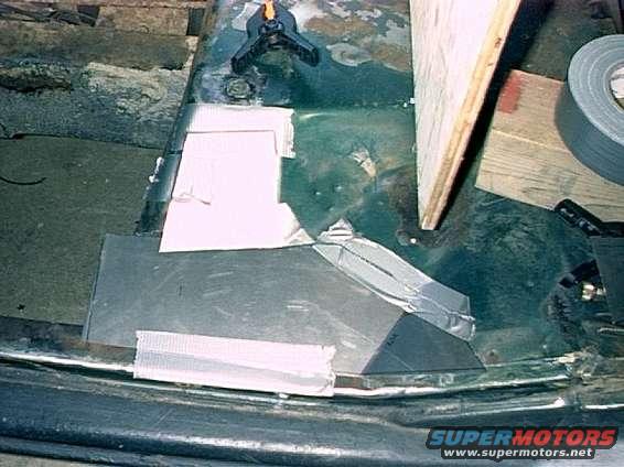 Driver's Side - Rusted out areas beyond replacement floor pan.  Used 18 gauge sheetmetal and bent with sheetmetal brake to fit.
