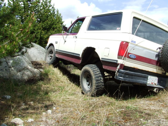 White and maroon Ford Bronco climbing over rocks on a grassy hill