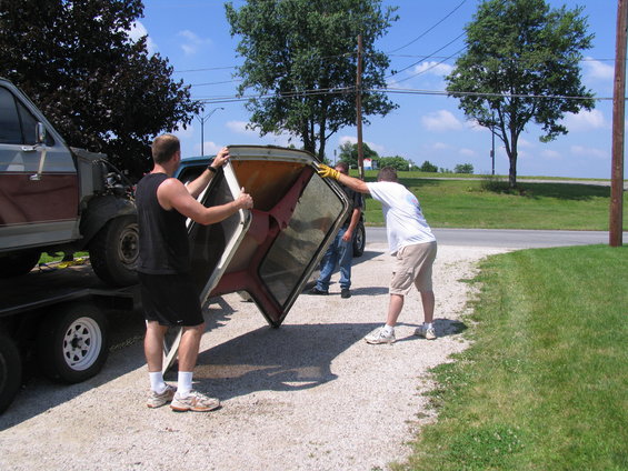 1986 Ford C-350 (Centurion Conversions) camper shell being removed