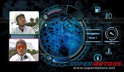 Car navigation screen showing a map, two small inset photos of people, and various icons