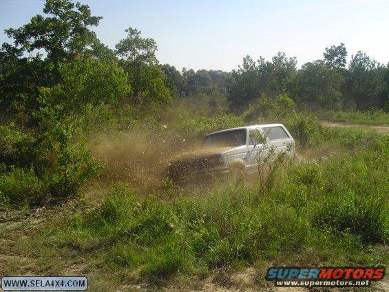 White SUV kicking up mud while driving off-road through tall grass and bushes