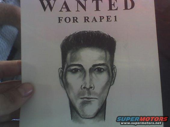 Wanted poster with sketch of a man's face and text 'WANTED FOR RAPE1'
