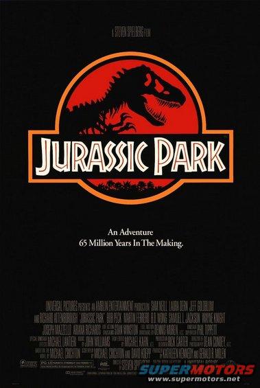 Jurassic Park movie poster with T-Rex logo and credits