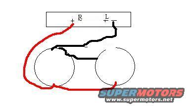 Diagram showing electrical connections for two lights labeled R and L, with positive and negative terminals