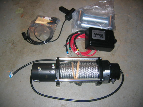 Tabor 12K winch with wire rope, control box, wiring, and roller fairlead
