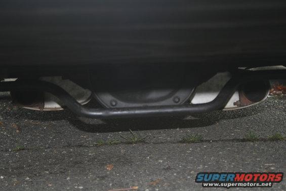 Underside view of a car's rear differential and dual exhaust pipes