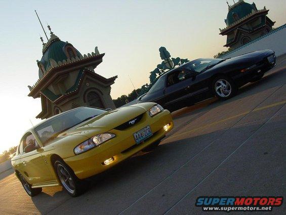 Yellow and black 1998 Ford Mustangs parked near a building with a domed roof