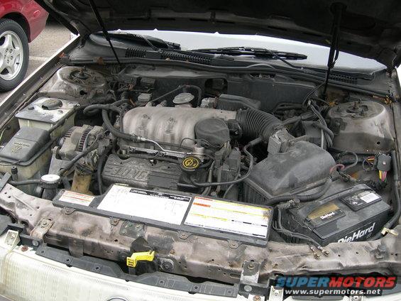 engine bay with V6 engine, battery, and some hoses. Another car's wheel is visible on the left