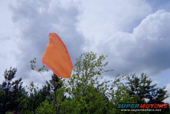 Orange flag on a pole against a cloudy sky with trees
